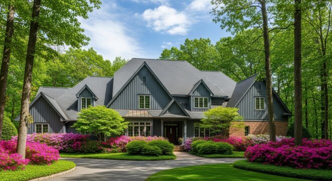 A beautiful gray house is surrounded by colorful azaleas and lush green trees