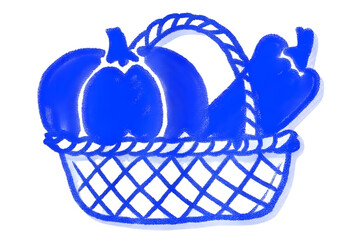 Blue hand-drawn basket with vegetables &ndash; sketch style illustration blue basket with a cherry