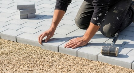 A construction worker kneels and carefully places a gray paver stone into a new patio or pathway, with a rubber mallet nearby