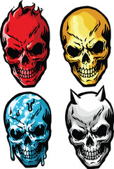 Mystic Burning Melting Devilish Gothic Skull Vector Illustration Set color