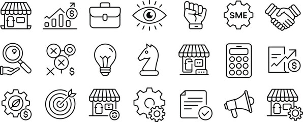 Business startup icons, finance growth, marketing strategy, small enterprise, innovation, entrepreneurship, investment planning, SME solutions, management, digital success, teamwork collaboration