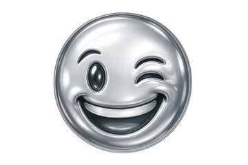 Gleaming chrome emoji winking playfully, radiating positivity with transparent backdrop for seamless digital messaging