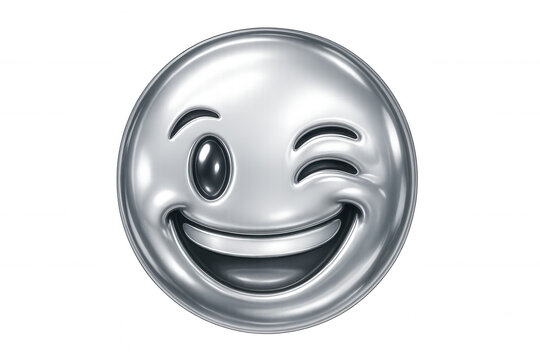Gleaming chrome emoji winking playfully, radiating positivity with transparent backdrop for seamless digital messaging