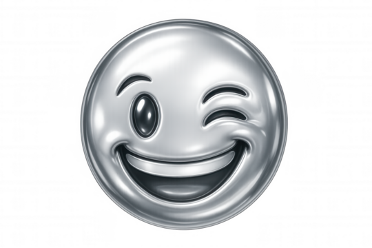 Gleaming chrome emoji winking playfully, radiating positivity with transparent backdrop for seamless digital messaging