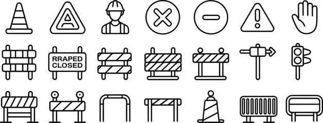 Traffic road signs, construction barriers, safety cones, warning signals, stop symbol, street directions, transport icons, urban safety, caution, highway management