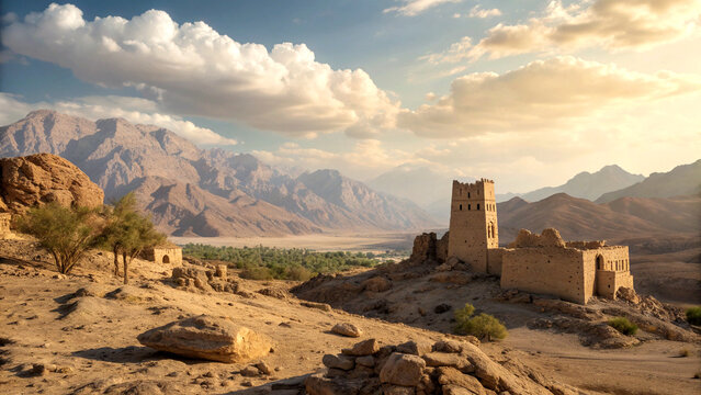 Ancient Tanuf castle ruins in Oman&rsquo;s desert landscape