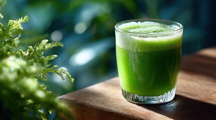 Refreshing green juice in a glass with natural light enhancing its vibrant color