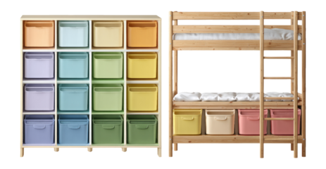 Stylish Storage Solutions with Colorful Bins and Wooden Bunk Bed Design