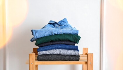 A stack of neatly folded clothes in various colors rests on a wooden shelf against a plain white wall.