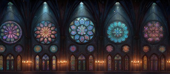 Gothic Cathedral Hall with Colorful Stained Glass