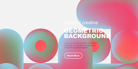 Obraz premium Abstract geometric shapes, vibrant colors, modern design. Text overlay presents information, button invites interaction. Clean, minimalist aesthetic.