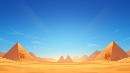A serene desert landscape featuring iconic pyramids under a bright blue sky, with gentle sand dunes and palm trees in the foreground.