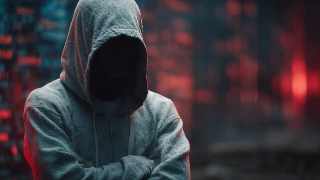 Mysterious Figure in the Shadows: An anonymous individual shrouded in a hooded sweatshirt stands in a dimly lit urban landscape, evoking a sense of intrigue and hidden identity.