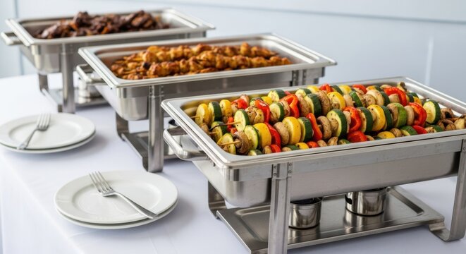 A catering buffet features three chafing dishes filled with various delicious foods, including meat skewers and vegetable skewers, with plates and forks set on a white tablecloth
