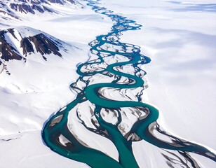 Aerial View of Braided River in Snowy Mountains