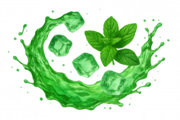 Green juice dynamically splashing with ice cubes and mint, revealing crisp texture against transparent background, highlighting beverage freshness