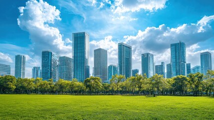Fototapeta premium Modern city skyline with green grass in the foreground.