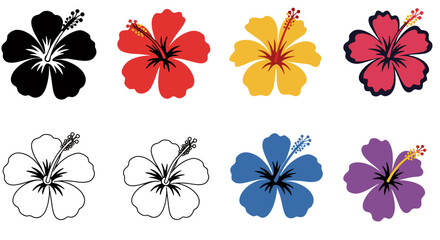 Collection of eight vibrant hibiscus flower vector PNG illustrations, showcasing diverse colors including red, yellow, black, pink, purple, blue, and white, ideal for various design projects.