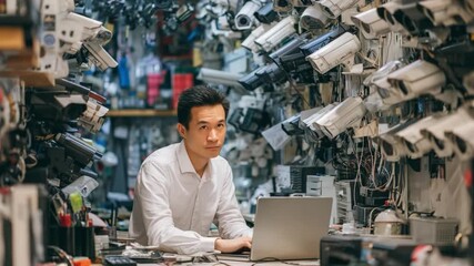 Surveillance in Control: A focused individual, surrounded by an array of surveillance cameras and equipment, engrossed in his task, epitomizing vigilance and security. - Powered by Adobe