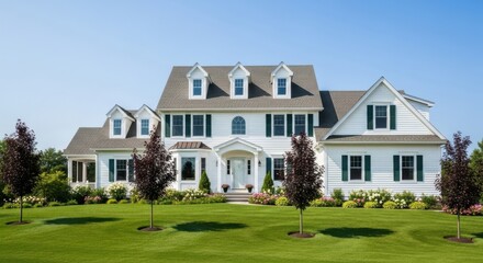 Fototapeta premium A beautiful white colonialstyle house with green shutters and manicured landscaping sits under a clear blue sky
