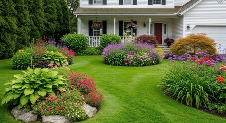 Obraz premium A beautiful suburban home showcases a vibrant and meticulously landscaped garden bursting with colorful flowers and lush green lawn