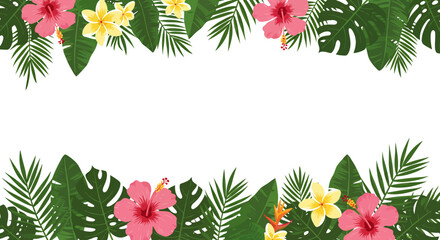 Vibrant tropical floral border with pink hibiscus and yellow plumeria flowers, lush green monstera and palm leaves, perfect for summer designs.