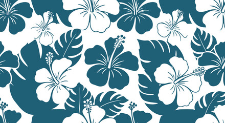 Teal and white hibiscus flower vector seamless pattern, perfect for summer fashion, Hawaiian design, or tropical backgrounds.  High-resolution PNG for easy download and versatile use in various