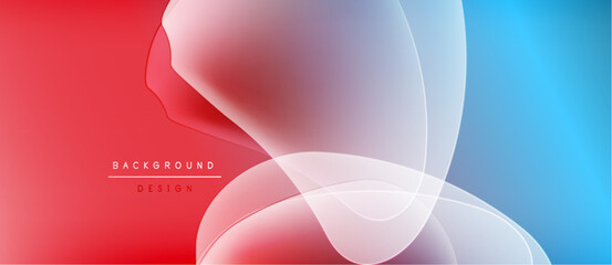 Abstract background features flowing shapes, vibrant red, blue hues. Soft gradients create dynamic visual effect. Minimalist design.