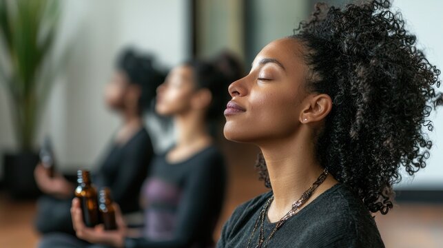 A woman with curly hair meditating in a yoga studio with closed eyes and a plant in the background.