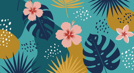 Vibrant vector graphic featuring hibiscus flowers and monstera leaves in a tropical pattern, ideal for summer designs and backgrounds, evoking a fresh, exotic vibe.