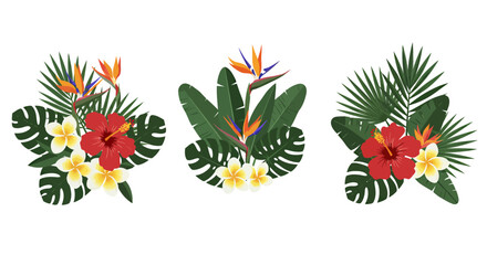 Obraz premium Vibrant tropical floral arrangements featuring hibiscus and bird of paradise flowers with lush green foliage, perfect for summer designs.