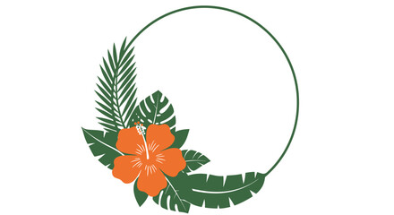 Fototapeta premium Vector hibiscus png image of an orange hibiscus flower with tropical leaves in a circular frame, perfect for summer designs, branding, and invitations.