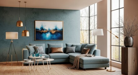 A stylish and modern living room interior with a comfortable sofa, elegant lamps, and artistic decor, creating a cozy atmosphere