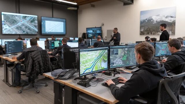 Analyzing Tech: Inside a cutting-edge operations center, a team of tech-savvy professionals meticulously monitor displays, immersed in their work, reflecting a blend of technology and teamwork. 
