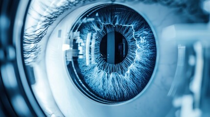 A close-up of a human eye with blue irises and black pupil, looking straight ahead. © SOEM