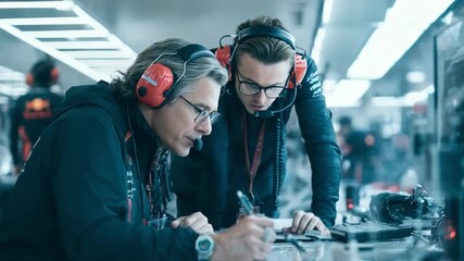 Focused Minds in Intense Discussion: Two professional men in a racing team pit, deeply concentrated, with headsets, engaged in strategic analysis in a modern setting.
