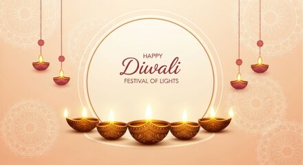 A beautiful diwali festival of lights celebration featuring glowing diyas and decorative hanging lamps against a warm, ornate background