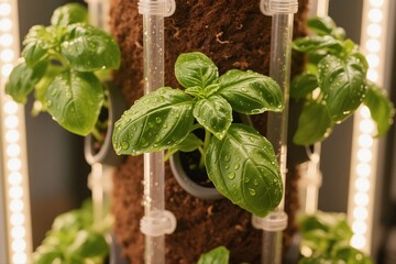 Vibrant Basil Plants in Vertical Hydroponic Tower with Water Droplets