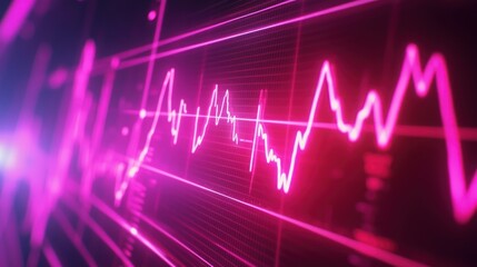 A pink and purple neon light on a black background with a line graph.