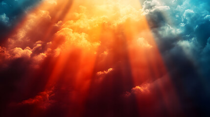 Naklejka premium Majestic light beams pierce through a dramatic, colorful cloudscape, creating an ethereal glow with striking contrasts in a breathtaking cinematic sky