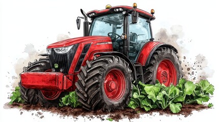 Red Tractor in Lush Green Field Watercolor Illustration