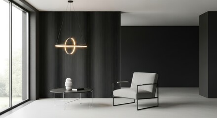 A modern minimalist interior with a chair, table, and unique lighting against a black wall