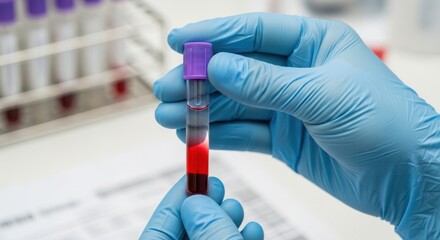 A gloved hand holds a blood sample tube with a purple cap in a laboratory setting, ready for medical analysis
