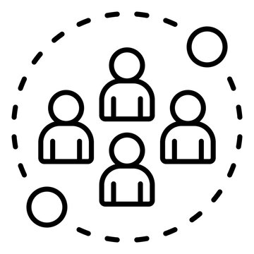 Outline icon of people within a dashed circle representing community and connection