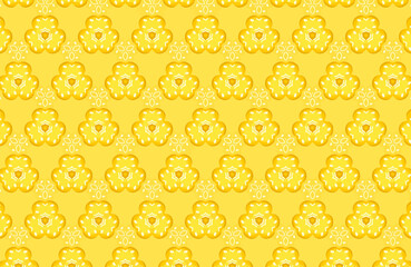 Cheerful yellow seamless background featuring an intricate geometric pattern with abstract floral elements in a symmetrical kaleidoscopic array