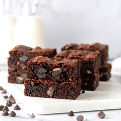 Stacked brownie squares on a white marble board