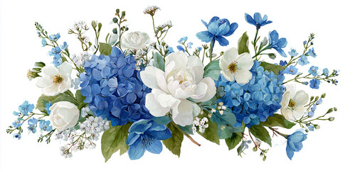 Floral watercolor features blue hydrangeas and white roses. Creates invitations, card designs, social media, and wedding graphics.