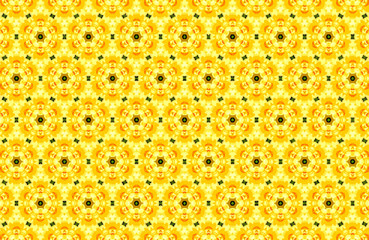 Seamless geometric pattern of repeating hexagonal yellow and orange flower motifs with intricate details, creating a vibrant and cheerful abstract background