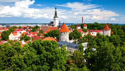 A panoramic view of Tallinn's Old Town, showcasing the colorful rooftops and medieval architecture, bathed in the warm sunlight of a beautiful summer day.