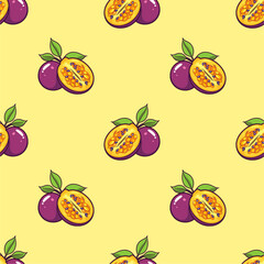 Passion fruit seamless pattern on yellow background. Vector illustration of passion fruit.
